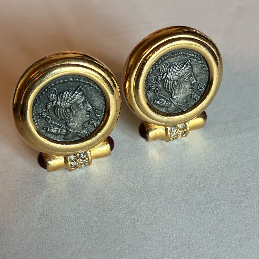 Vintage CINER Roman Coin Medallion Clip-on earrings Gold-Tone, Garnet , Crystals